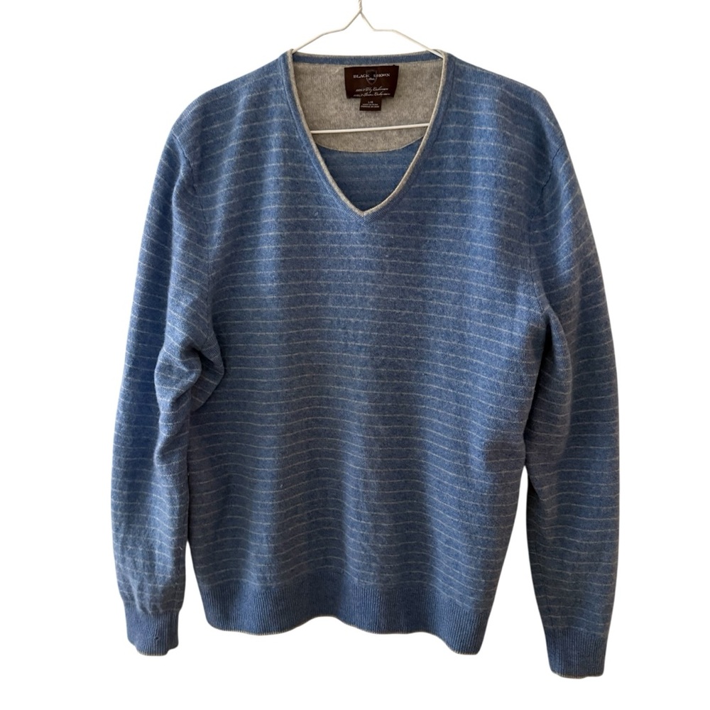 Black Brown 1826 Men's Blue Striped 100% Cashmere V-Neck Sweater Size Large L